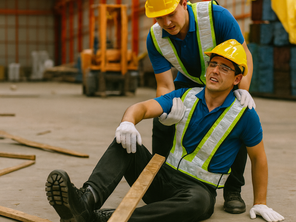Situacija povrede na radu Kolega pomaze kolegi nakon povrede na radu